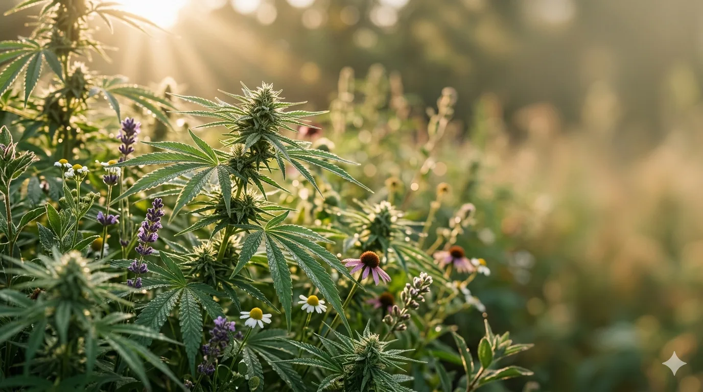 Solverra cannabis-products marketplace: hemp tinctures, mushroom bottles, and gummies in warm morning light